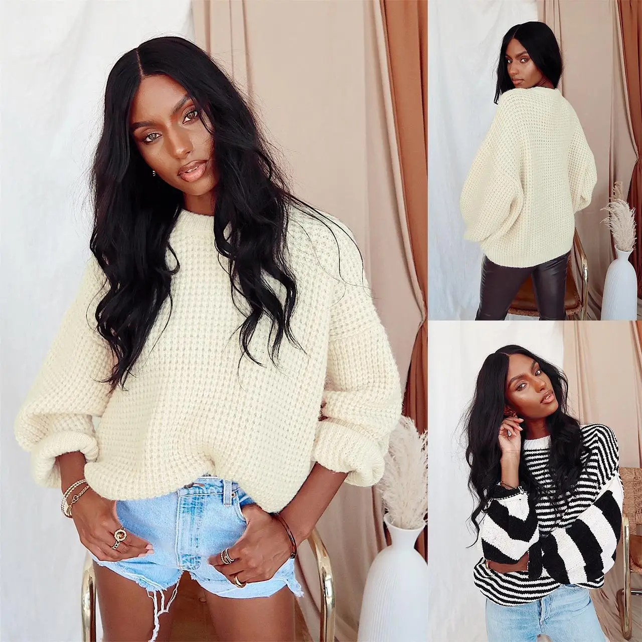 

Женский полосатый цветной пуловер с блузкой, свитер свободного покроя, повседневный удобный трикотаж из полиэстера с вырезами