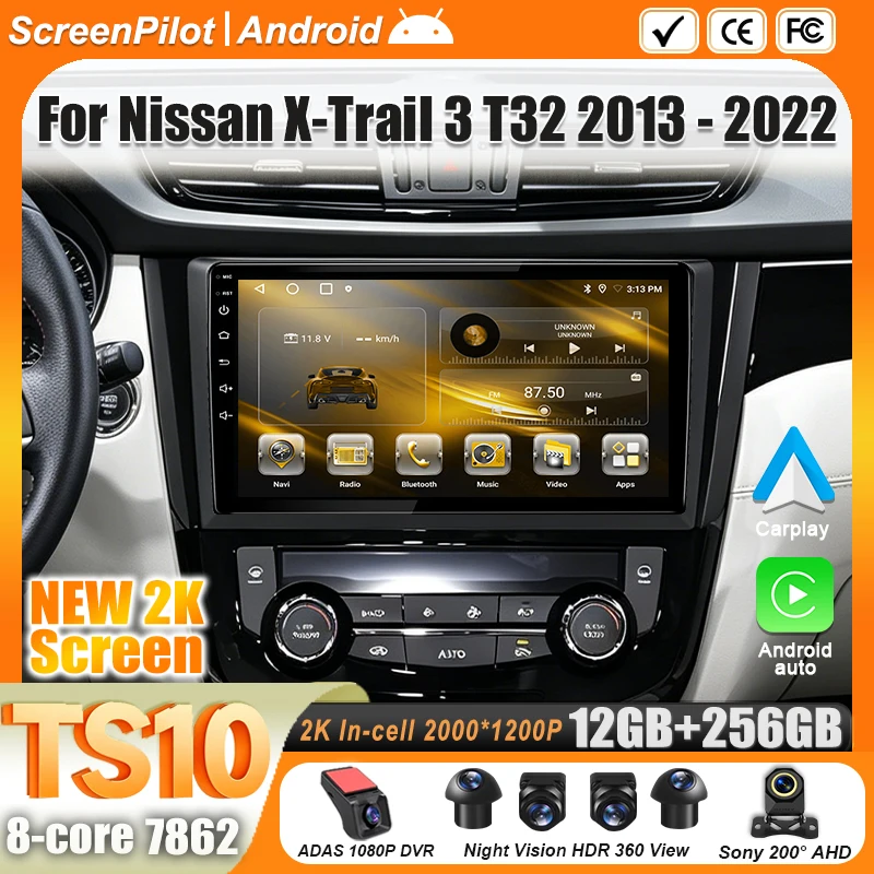 Android 16 For Nissan Qashqai 2 J11 X-Trail 3 T32 2013-2022 Car Radio Stereo Head Unit Multimedia Video Player 2K QLED 9 Inch 5G