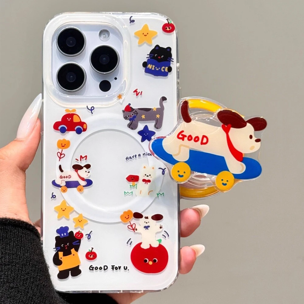 

Funny Dog Cute Puppy Cartoon Magnetic Grip Tok Phone Stand Holder Phone Case for IPhone 16 15 14 Pro Max 13 Magsafe Back Cover
