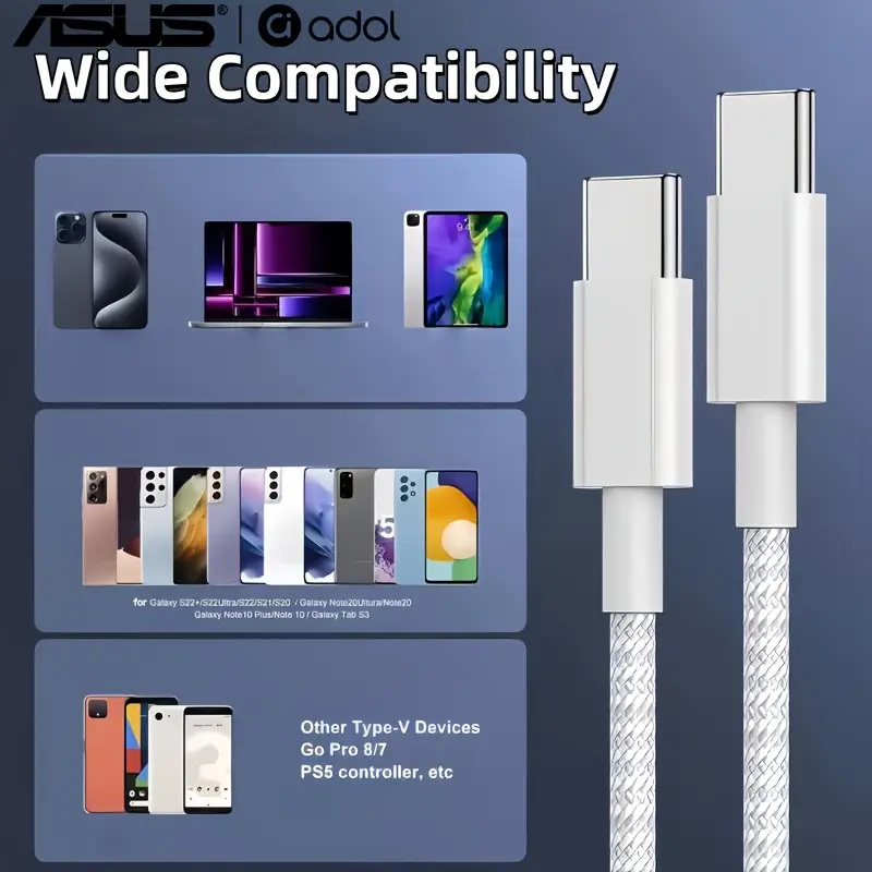 كابل أسوس Type C إلى Type C، شحن سريع PD 60 واط، طول 1 متر أو 2 متر، متوافق مع آيفون 16 و17 وسامسونج وهواوي - 6
