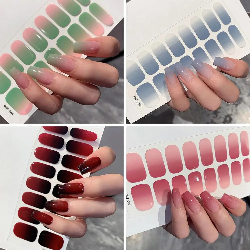 16Pcs/Sheet Semi Cured Wrap Gradient Nail Sticker Multi Color Solid Gel Full Cover Slider No Need UV Lamp Cured Fast Nail Decal