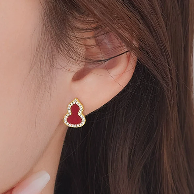 Chinese Lucky Gourd Stud Earrings for Women White Red Acrylic Rhinestones Frame Exquisite Temperament Earrings Trendy Jewelry