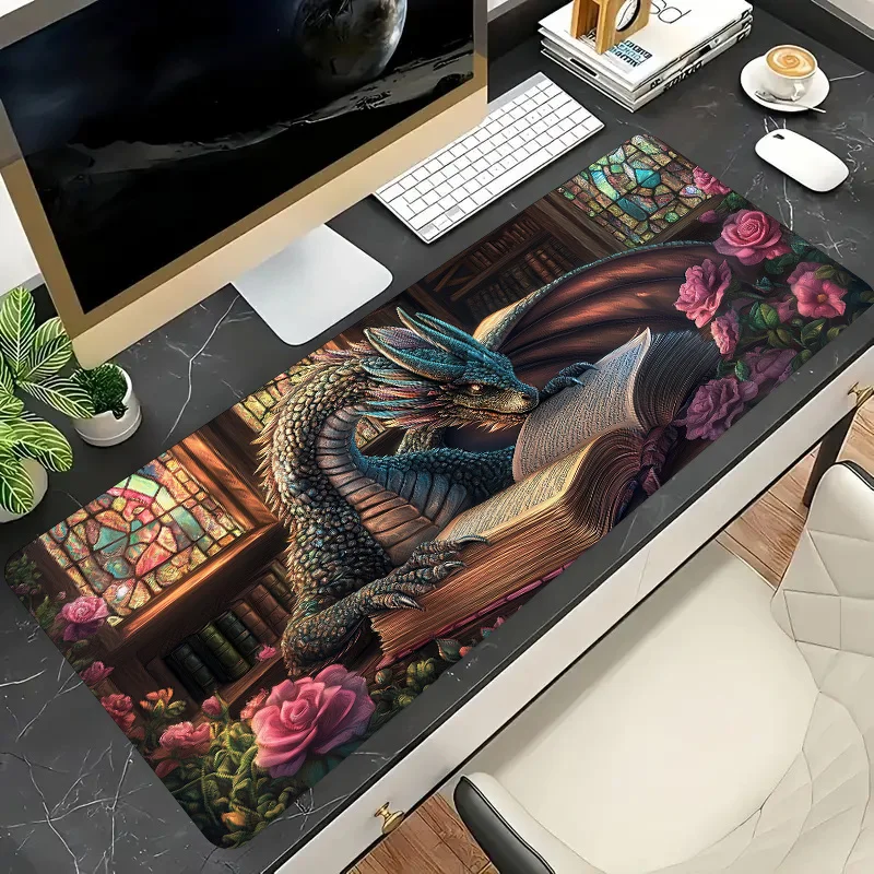 Dragon Reading Book Mouse Pad Extra Large Non-Slip Rubber Gaming Desk Mat Library Aesthetic