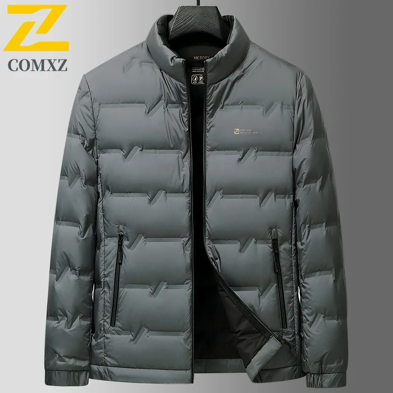 COMXZ Mens Short Down Jacket Premium Stand Collar Outdoor Cycling Lightweight Parka Solid Color Camping Warm Winter Garment
