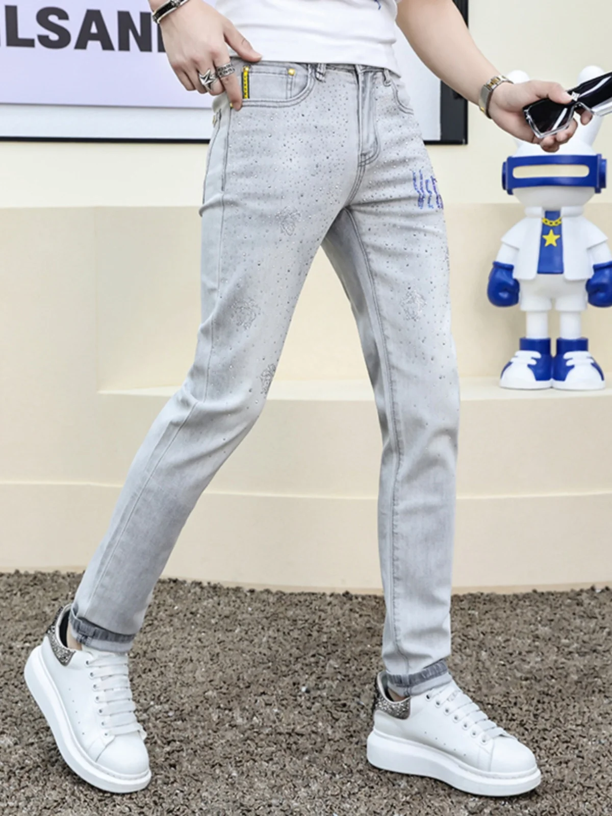 

Ele Men's Slim Fit Jeans with Rhinestones Casual Lightweight Summer Cotton Stretch Denim Light ey Casual Long Pants