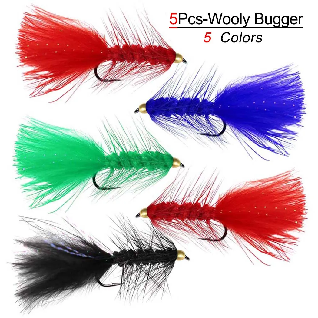 5Pcs Brassbead Wooly Bugger Fly Fishing Flies for Trout, Bass and Salmon-Streamer Assortment Flies Effective Artificial Baits