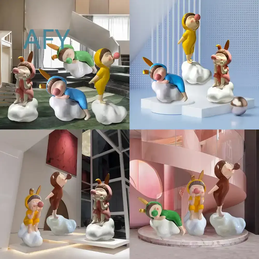 Cute Cartoon Cloud Bubble-Blowing Bunny-Ear Girl Figurine for Kids Decorative Fiberglass Sculpture for Hotel Home Decoration