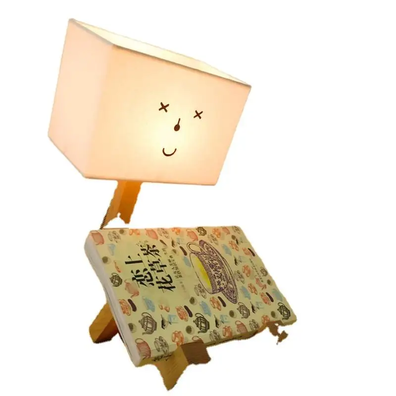 Modern Robot Wooden Table Lamp Cloth Lampshade Creative Lighting LED Art Wood Desk Lamp Shape Parlor Indoor Study Night Light