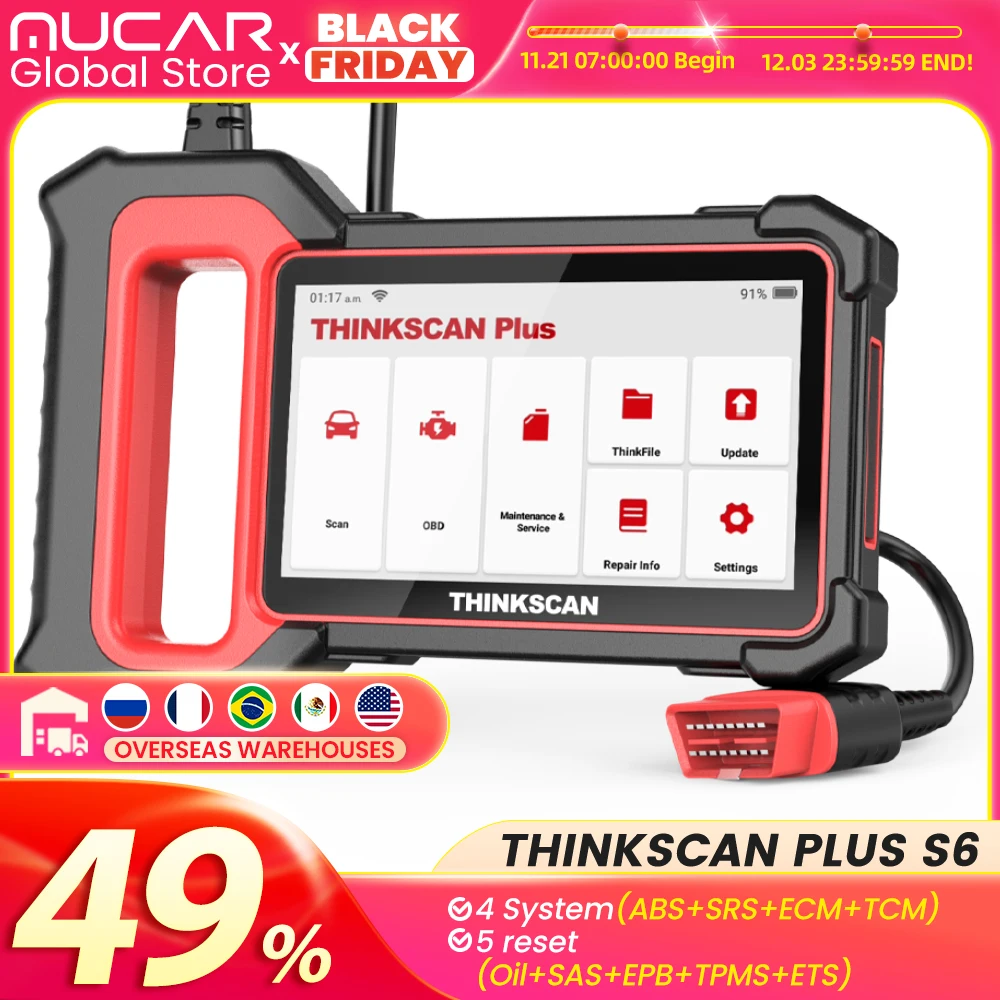 THINKCAR Thinkscan Plus S6 OBD2 Car Scanner Engine ABS SRS TCM 4 System Diagnostic tool oil TPMS reset Code Reader Liftime Free