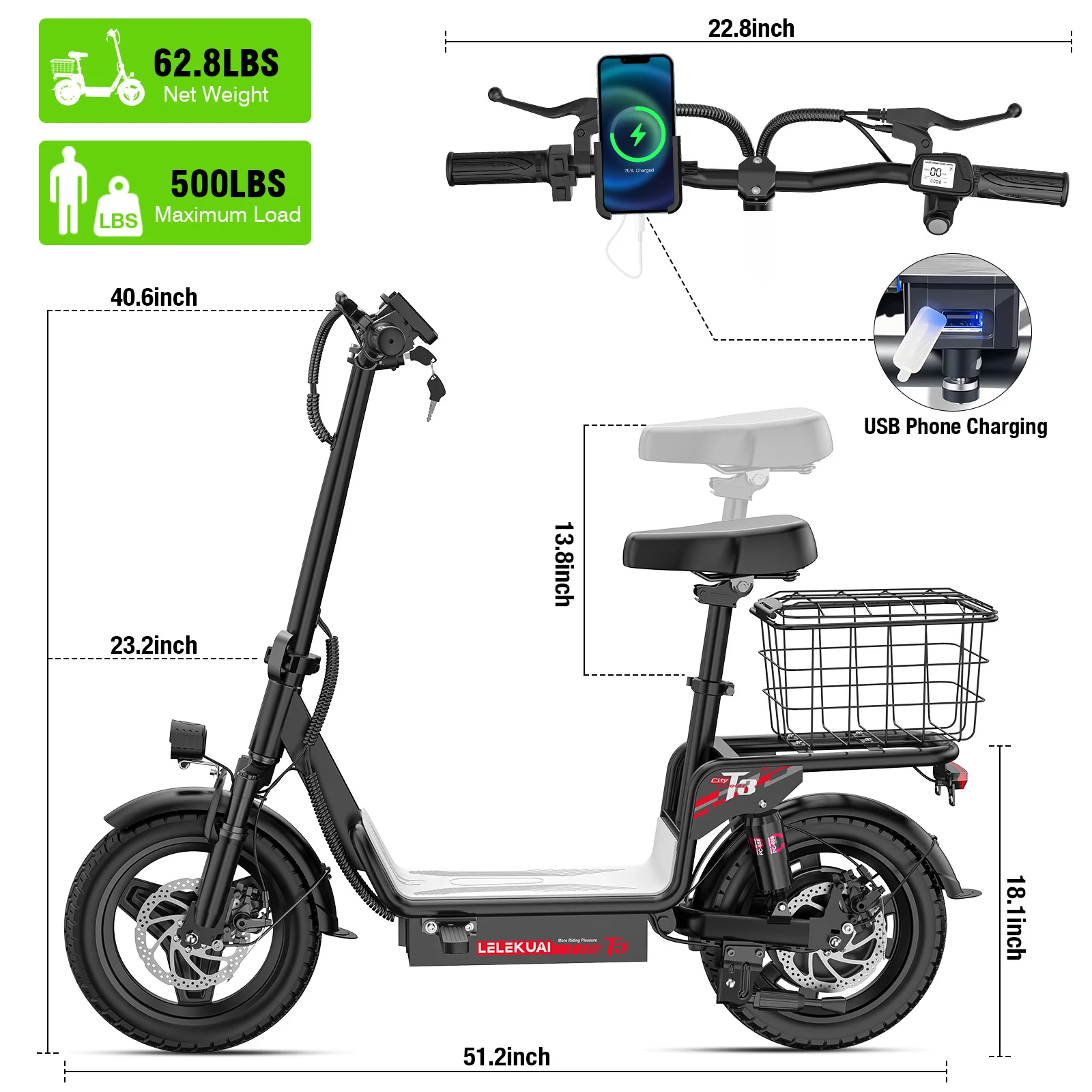 Adult Electric Bike, 500W48V15AH, 30MPH 14 inch Electric Bike, 500lbs Load-bearing with Multiple Shock Absorbers, with Basket