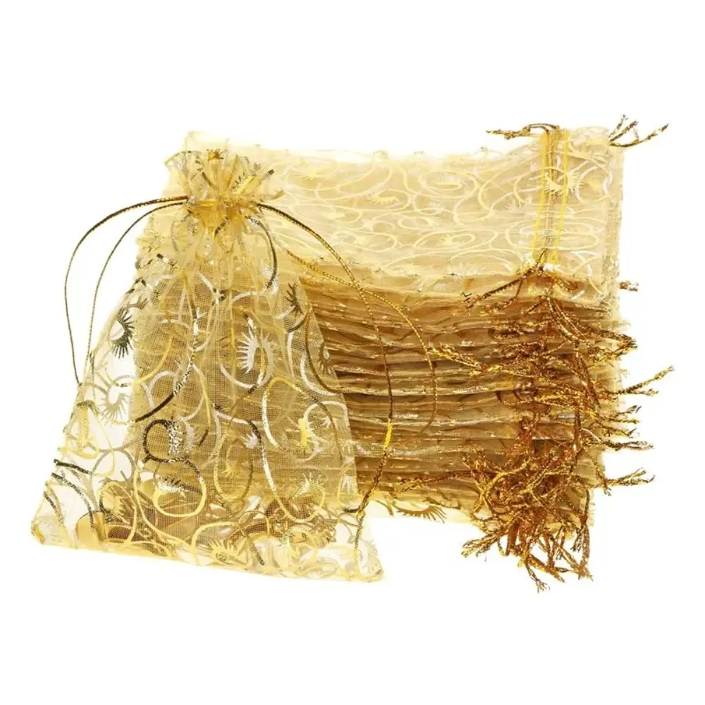50pcs/lot Organza Jewelry Pouches Wrap Gold Drawstring Candy Gift Packing Bags 9*12cm Wedding Party Favor Gift Bag