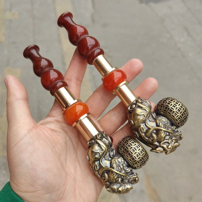 Hand-made pure copper bully faucet dry pipe with red gourd and agate old carved dragon pipe