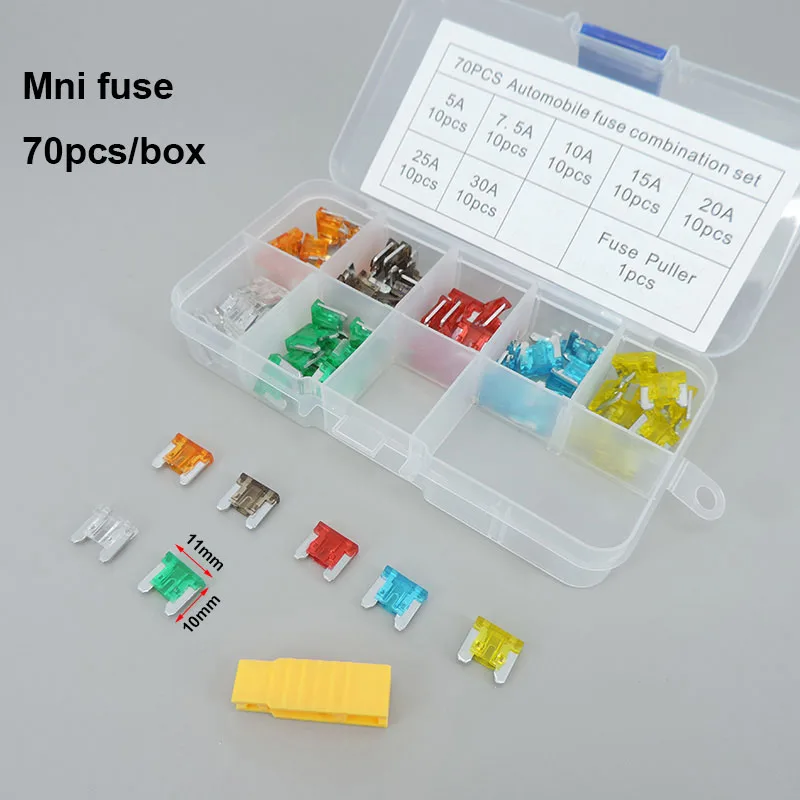 70pcs/box Mini mix Blade 5A 7.5A 10A 15A 20A 25A 30A Fuses Auto Car Truck Assortment short Fuse Kit for Car Motorcycle Boat Home