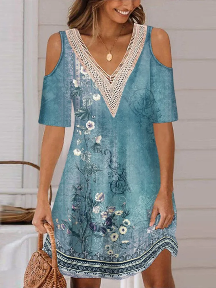 

Summer Fashion New Women's Printed Off-the-shoulder V-neck Lace Mini Dresses Woman Casual Short Sleeve Beach Loose Dress