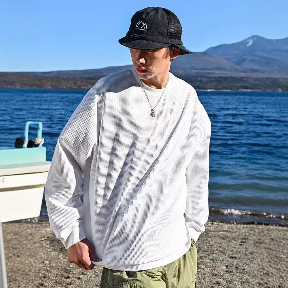 Waffle Small Collar Long Sleeve T-Shirt Men's Split Hem Loose Fitted Cuff Textured Casual Top