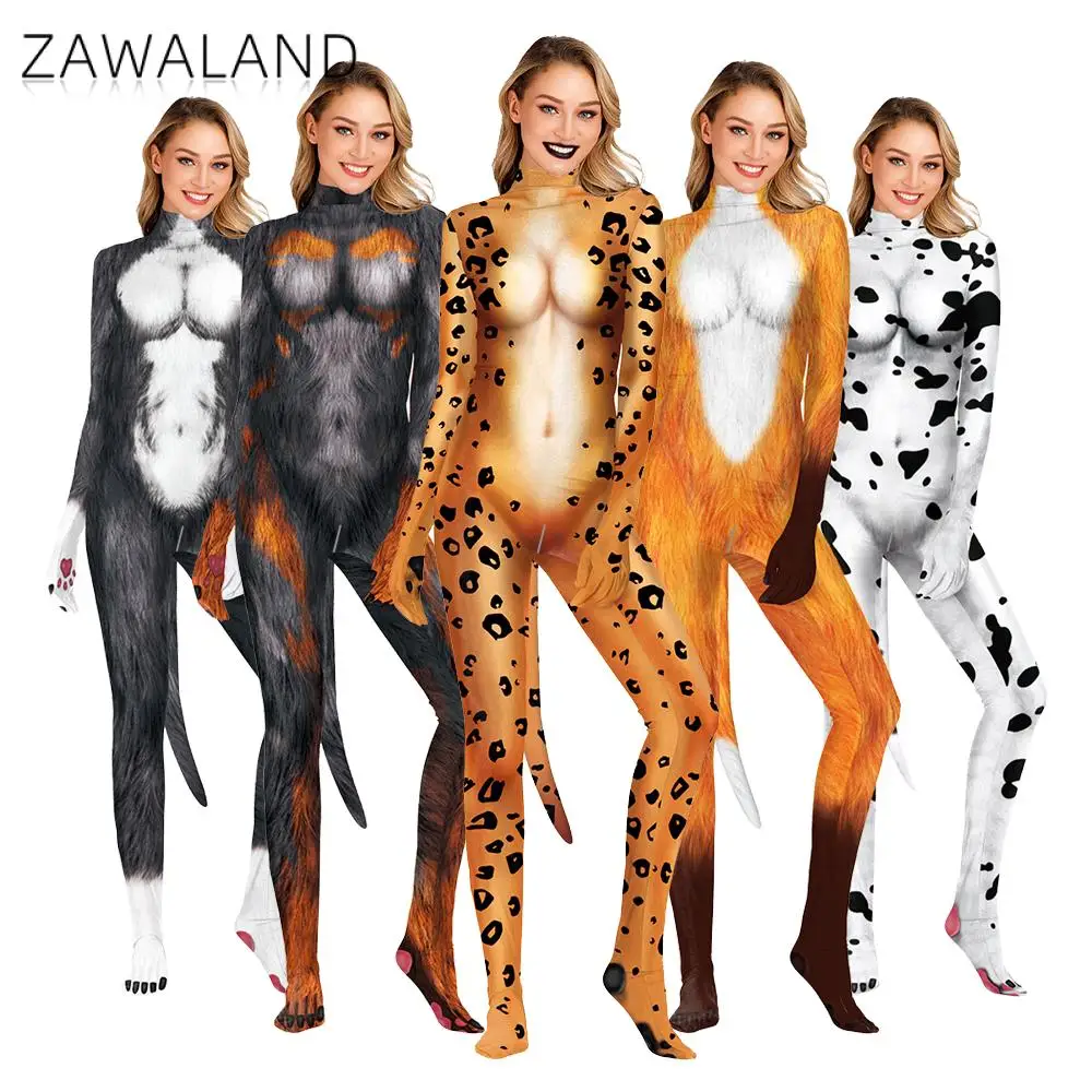 Zawaland Halloween kostiumy dla dorosłych Cosplay ogon elastan body kombinezon Zebra 3D długi rękaw z nadrukiem pajacyki