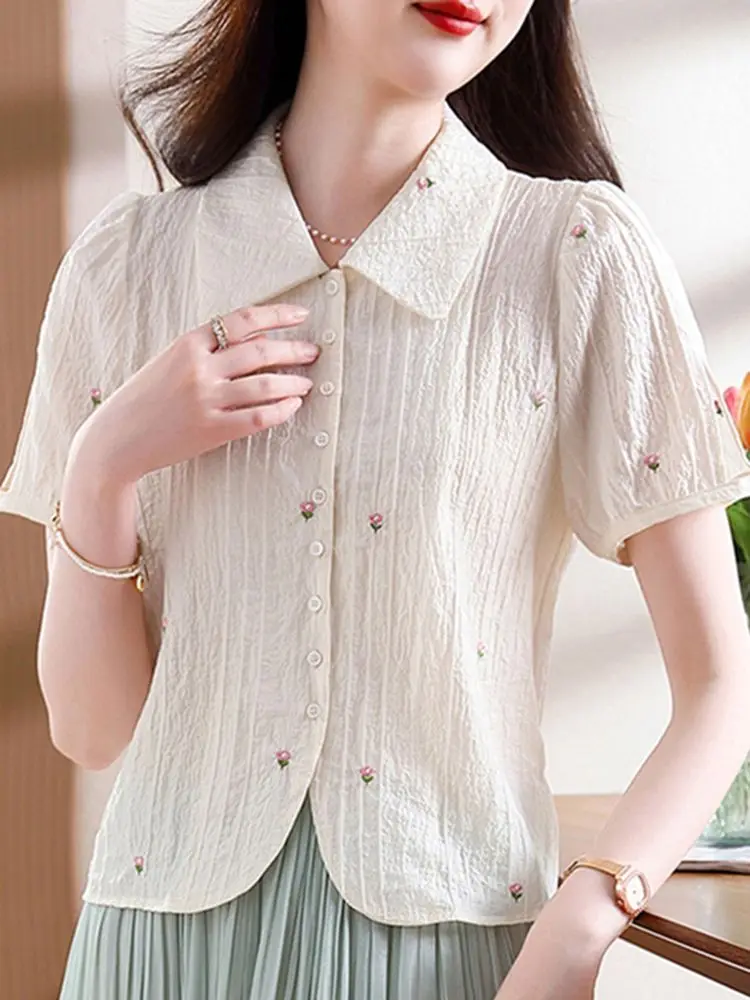 Camicetta estiva in chiffon a maniche corte Nuovo top da bambola dolce ricamato da donna