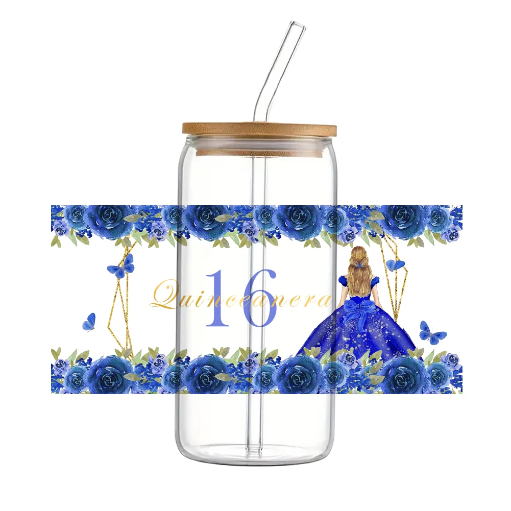 16 compleanno quinceanera per Libbey 16oz Can Glass 3D Waterproof UV DTF Coffee Can Wrap Libbey Glass Wrap