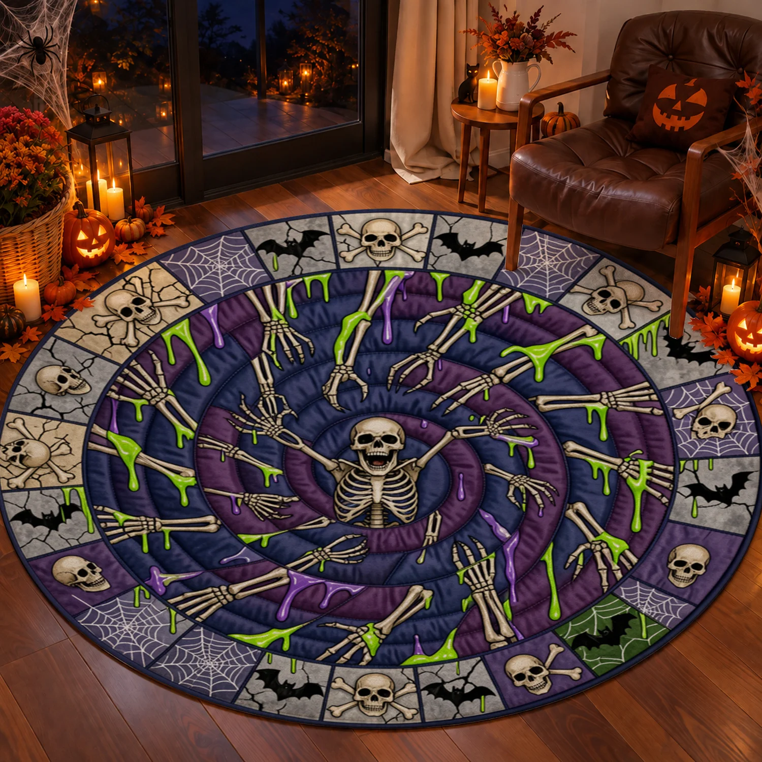 Skeleton Bat Spider Web Slime Print Round Velvet Rug Machine Washable Great in Living Room Bedroom Dining Room Perfect for Halloween Thanksgiving Black Friday Christmas New Year