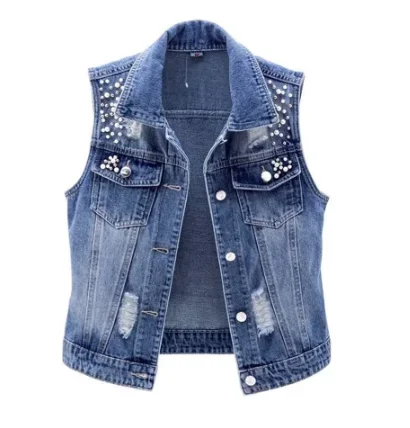 Denim Women Vest Luxury Pearls Fashion Ripped Autumn Plus Size Jeans Jacket Sleeveless Loose Short Coat Causal Waistcoats