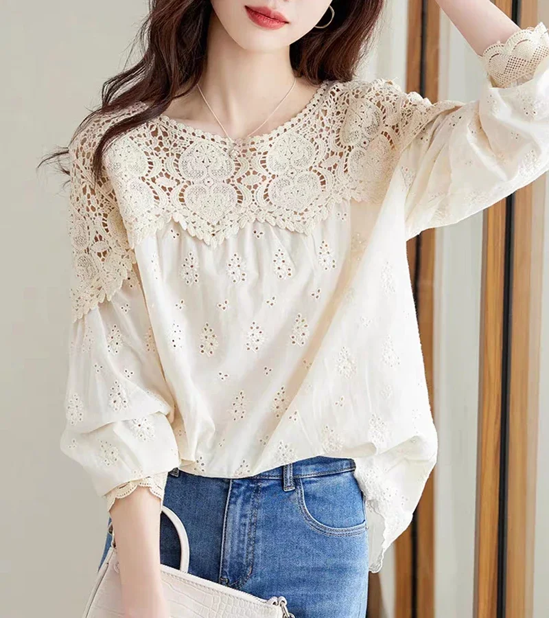 Apricot Cotton Lace Hollow Long-sleeved Blouse Female Autumn Korean Loose Large Size Design Sense of Fashion Casual Shirt Z625