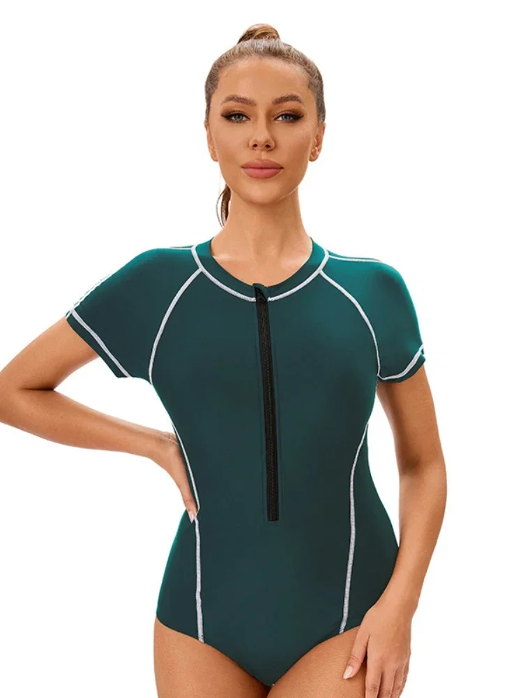 サーフィン スポーツ ビキニ 無地 コンサバティブ ワンピース 半袖 水着 ジッパー モノキニ 水着 ボディスーツ 2025 夏 新作