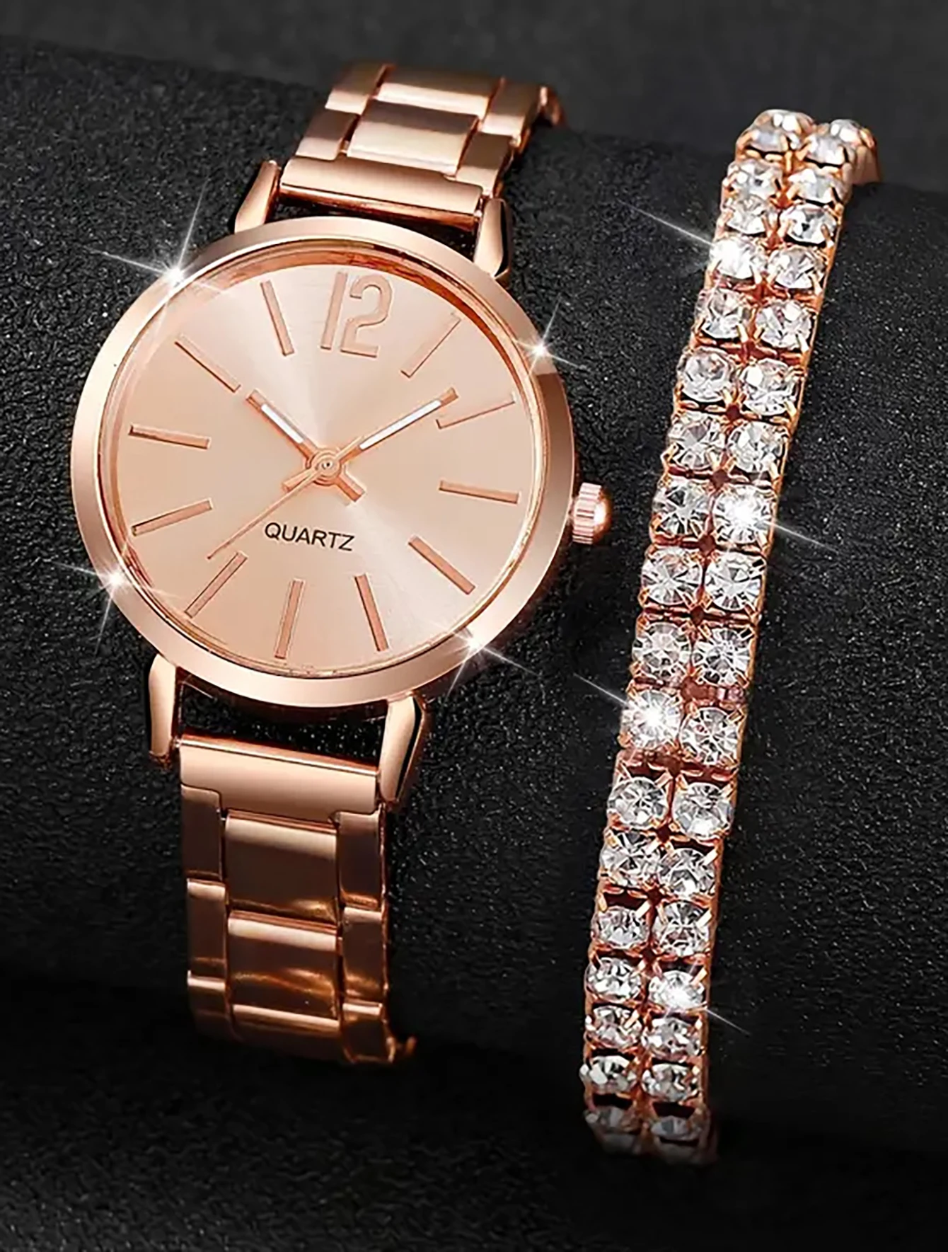 2PCS Casual fashion Alloy graduated Ladies Rhinestone quartz watch with double row full diamond bracelet set gift