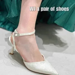 White Elegant Thin Heels Pumps Women Pointed Toe Ankle Strap Wedding Party Shoes Woman Silk Super High Heels Bride Shoes