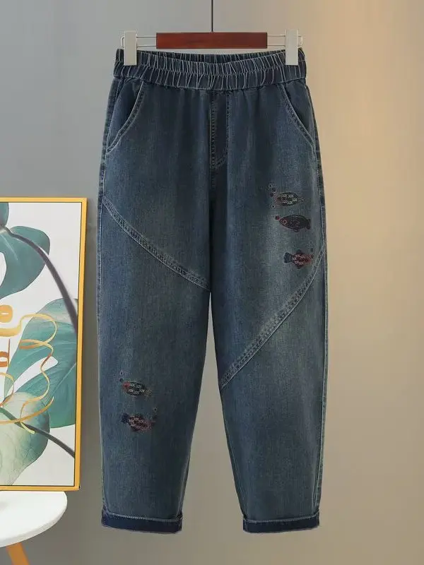 

plus Size Women's High Waist Loose Embroidered Harlan Jeans Casual Fashionable Nine-Piece Denim Pants Trendy Wide Leg Pants