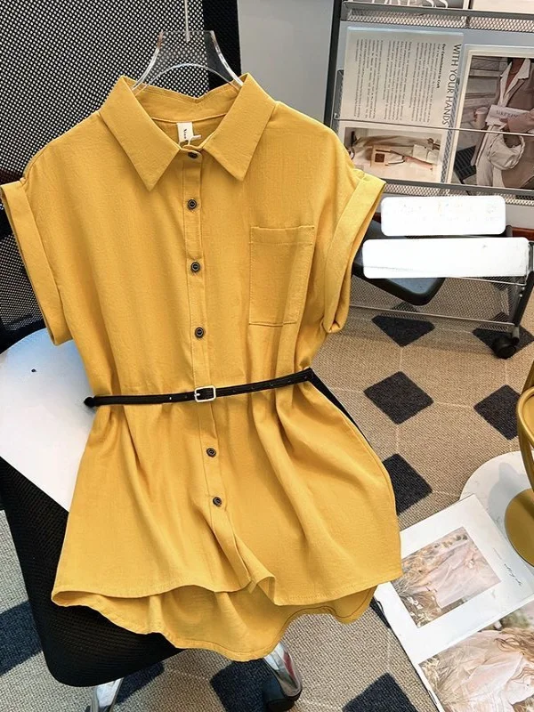 

Summer 2025 Women's Slim Fit Neck Sleeveless Shirt Waist Cinched Meat Concealing Shoulder Top Korean Style Commute Style