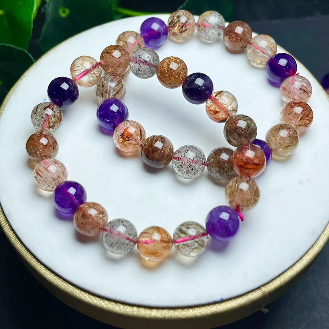 

Natural Copper Super Seven 7 Gold Rutilated Lepidocrocite Quartz Bracelet 8mm 10mm Clear Round Beads Crystal Women Men AAAAA