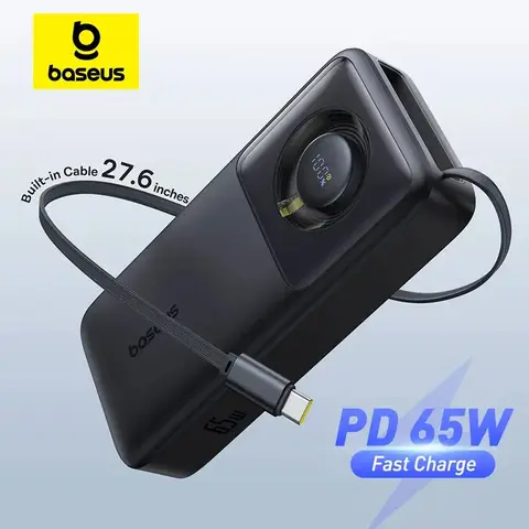 Baseus 65W Power Bank 20000mah szybkie ładowanie z wbudowanym wysuwanym kablem typu C do laptopów iPhone 16 15 Pro Max