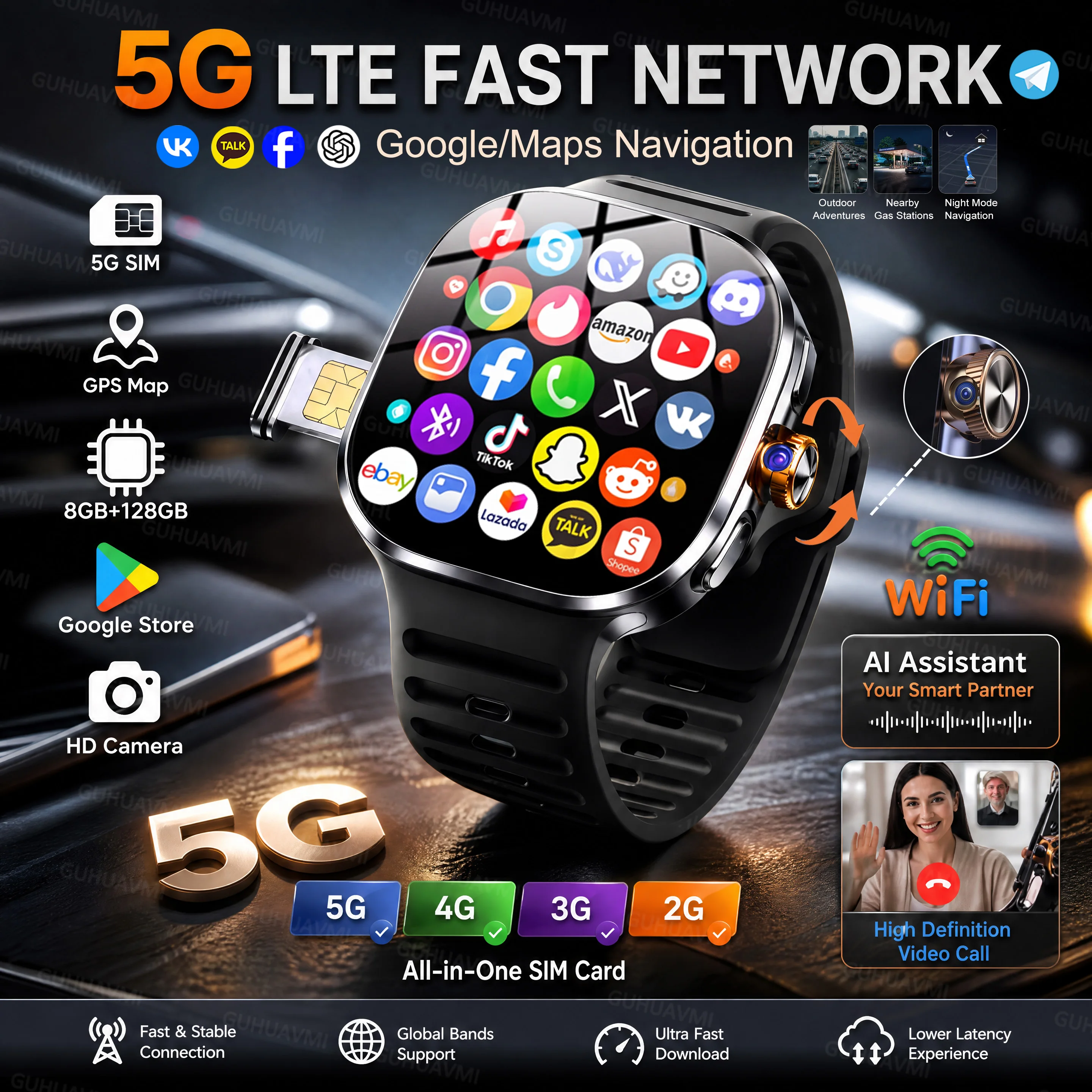 5G/4G Full Netcom SmartWatch 8GB+128GB SIM-Karte GPS Google Maps WiFi 4K HD-Kamera Unabhängige Videoanrufe Google Store SmartWatch