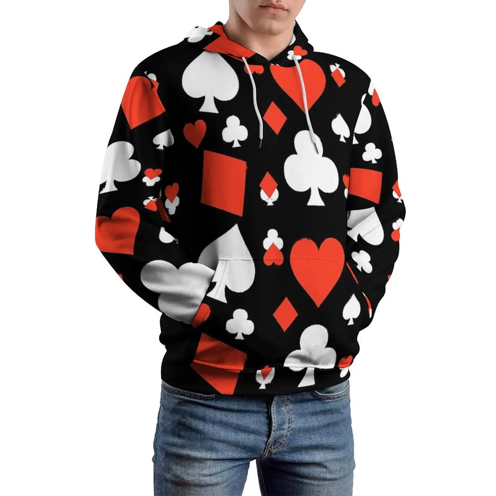 Poker Cards Loose Hoodies Red Hearts Pretty Pullover Hoodie Male Long Sleeve Oversize Classic Design Hooded Sweatshirts