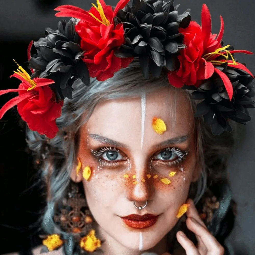 Diadema de flores artificiales de caléndula brillantes, aro floral artificial vibrante para Halloween, accesorio ligero para fotos