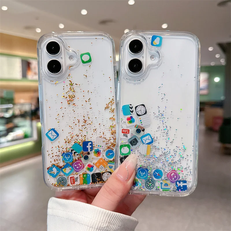 INS Apple App Icon Glitter Phone Case For iPhone 16 15 14 13 12 11 Pro Max Plus X XR XS MAX Liquid Quicksand Bling Sequins Cover