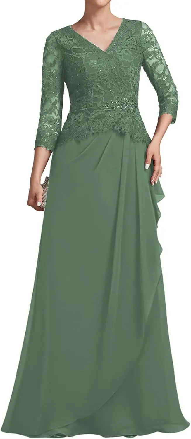 فساتين أم العروس دانتيل كم طويل فستان سهرة طويل شيفون فساتين زفاف الضيوف للنساء رقبة على شكل V