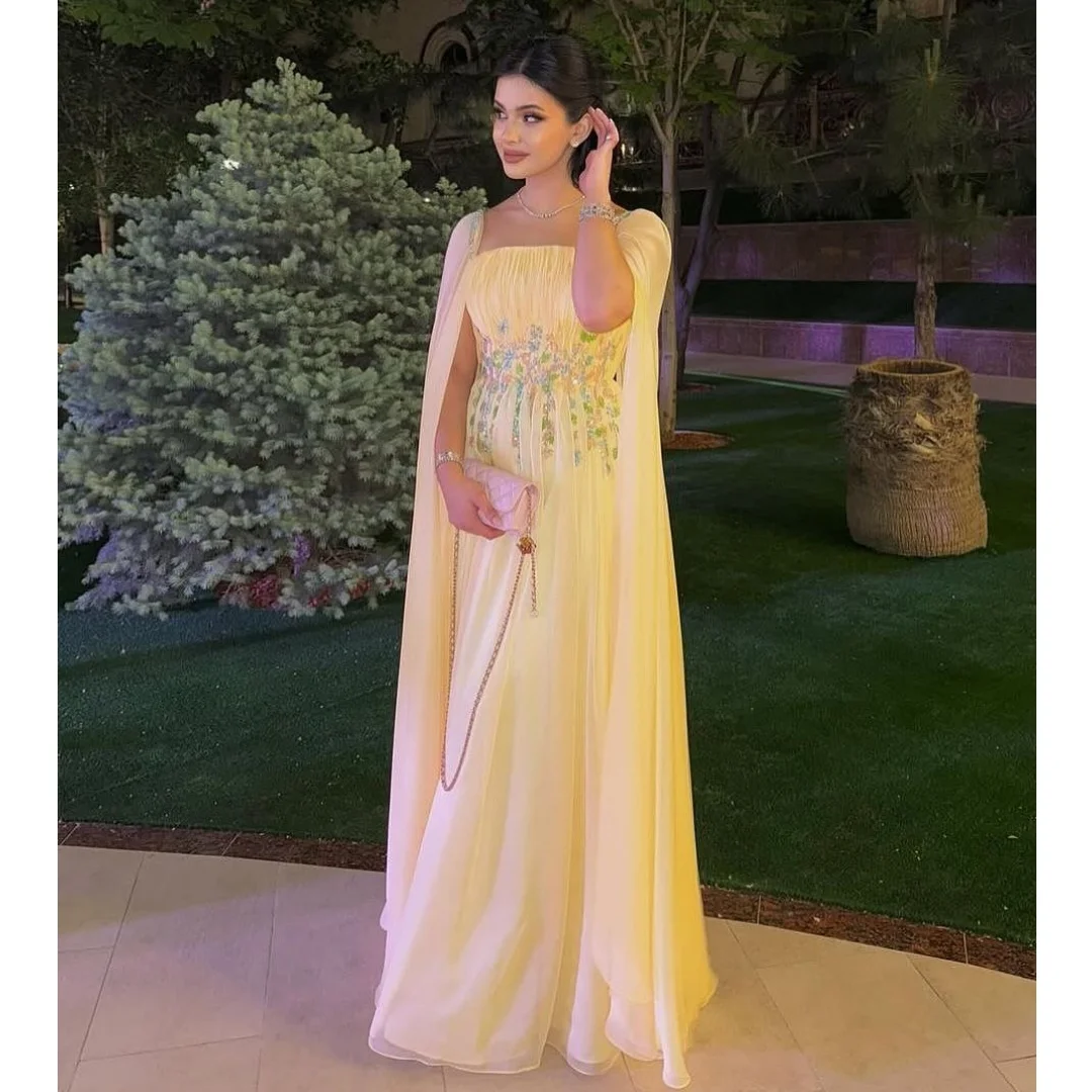 

A Line Chiffon Evening Dresses Shawl Sleeves Prom Dress Elegant Sequin Appliques Wedding Party Gown Customized Formal Vestidos