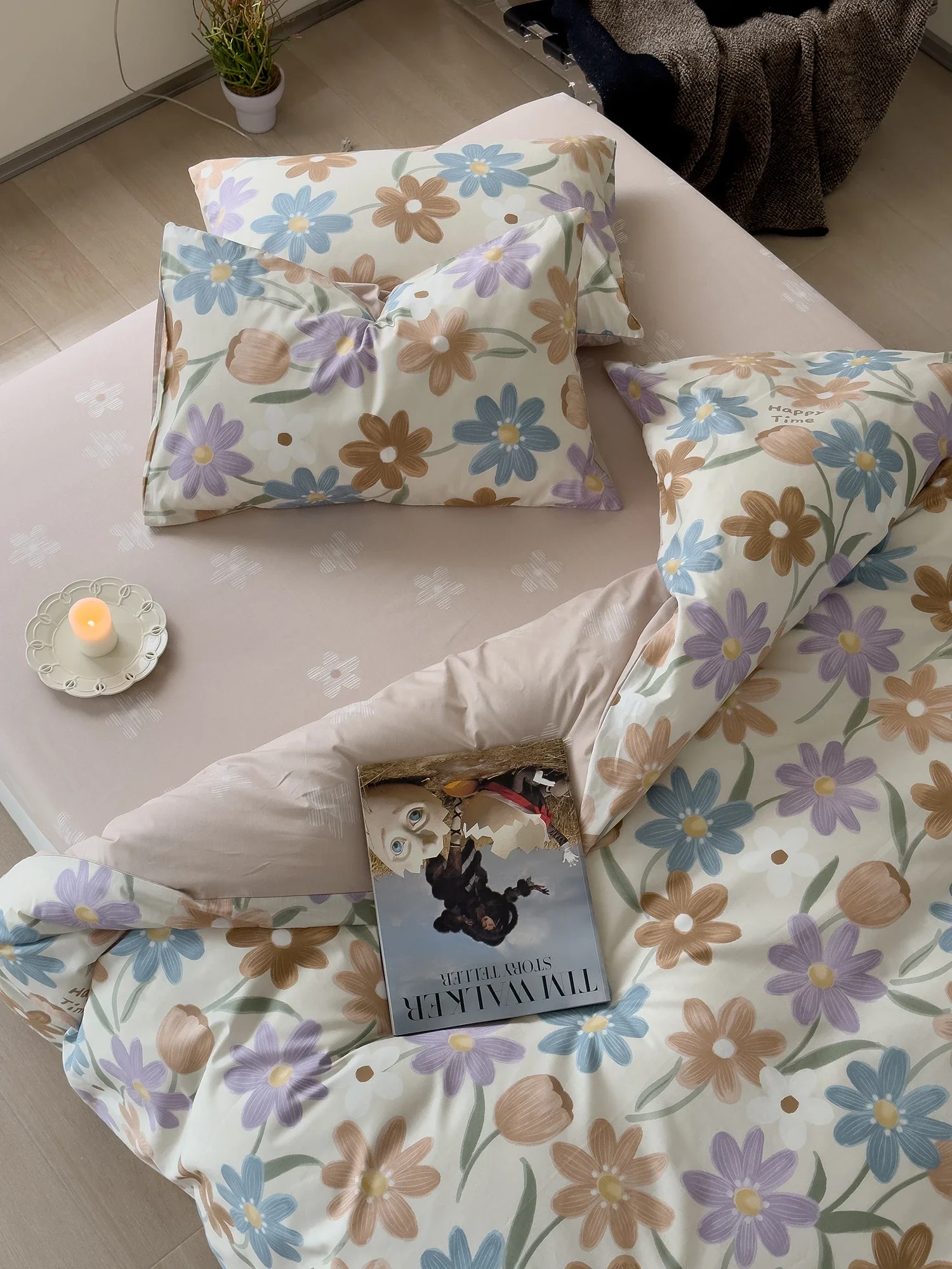 

Pastoral hand-painted flowers cotton combed cotton four-piece set, double bed sheet quilt cover
