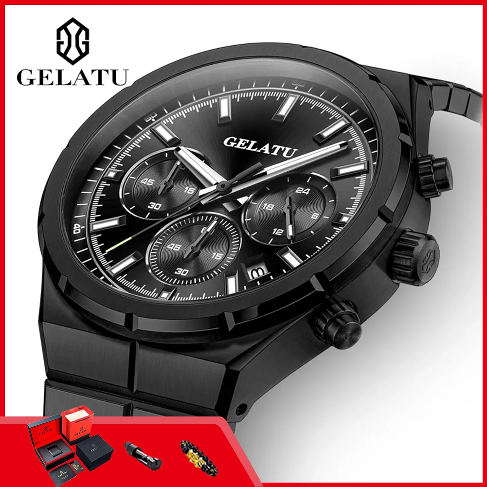 GELATU 8001 Man Watch Solid Stainless Strap Waterproof Luminous Classic Chronograph Quartz Watches for Men High-end Men's Watch