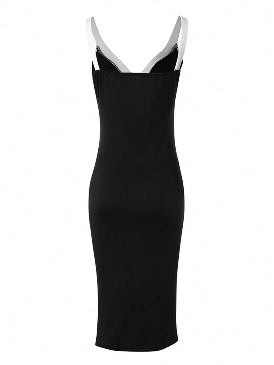 

V Neck Color Block Sleeveless Slim Fit Midi Dress For Women