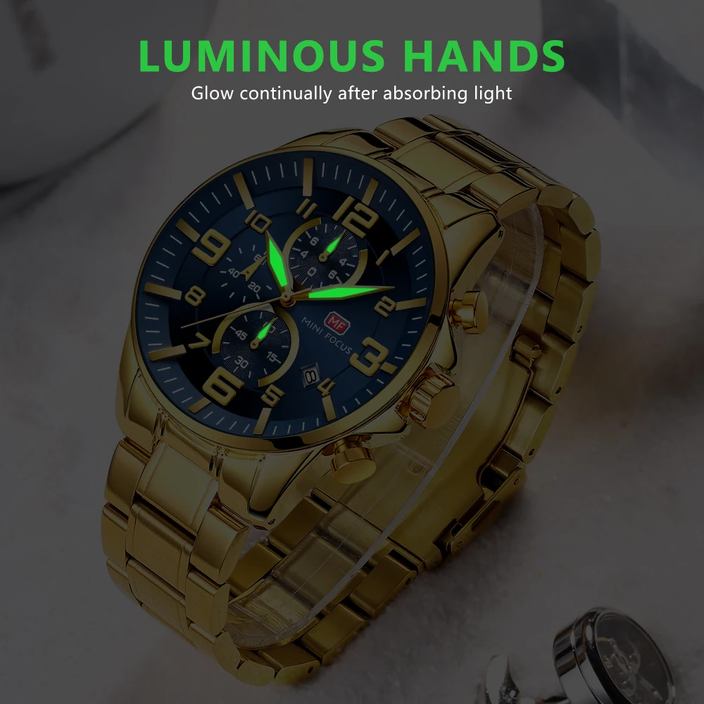 MINI FOCUS Gold Quartz Waterproof Watches for Men Chronograph Multifunction Dial Top Brand Stainless Steel Strap Luxury Watch