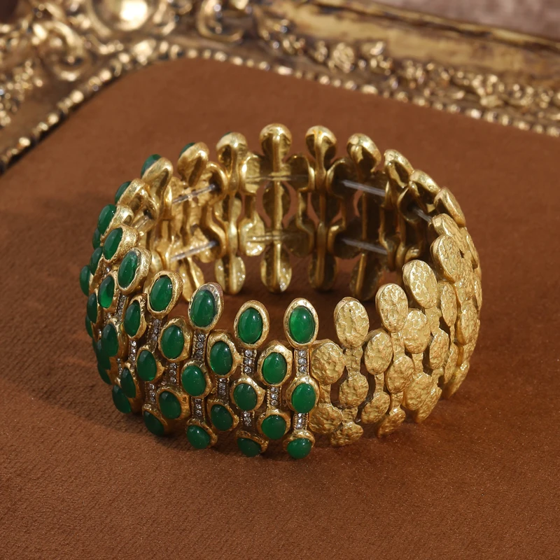 

Vintage Bird's Nest Green Bracelet Bangle Glass Glaze Honeycomb Antique Gold Color Elastic Wide With Designer Charms For Women