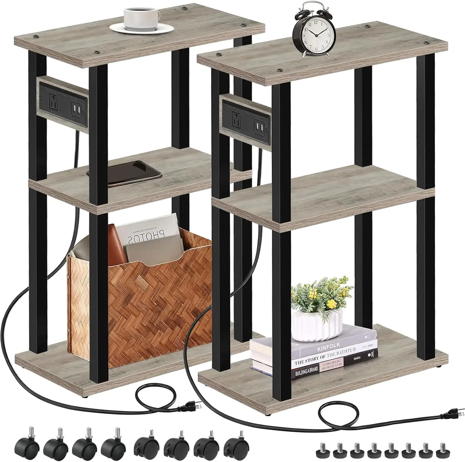 Small Narrow Side Table with Charging Station, Set of 2 Skinny End Table for Small Spaces, Slim Nightstand with USB Ports and