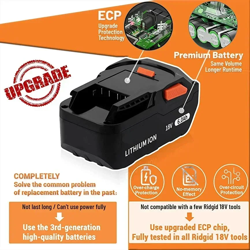 For AEG 18V Battery 6.0AH Lithium-Ion Battery For RIDGID R840087 R840085 L1815R L1850R L1830R R840083 Series Cordless Power Tool