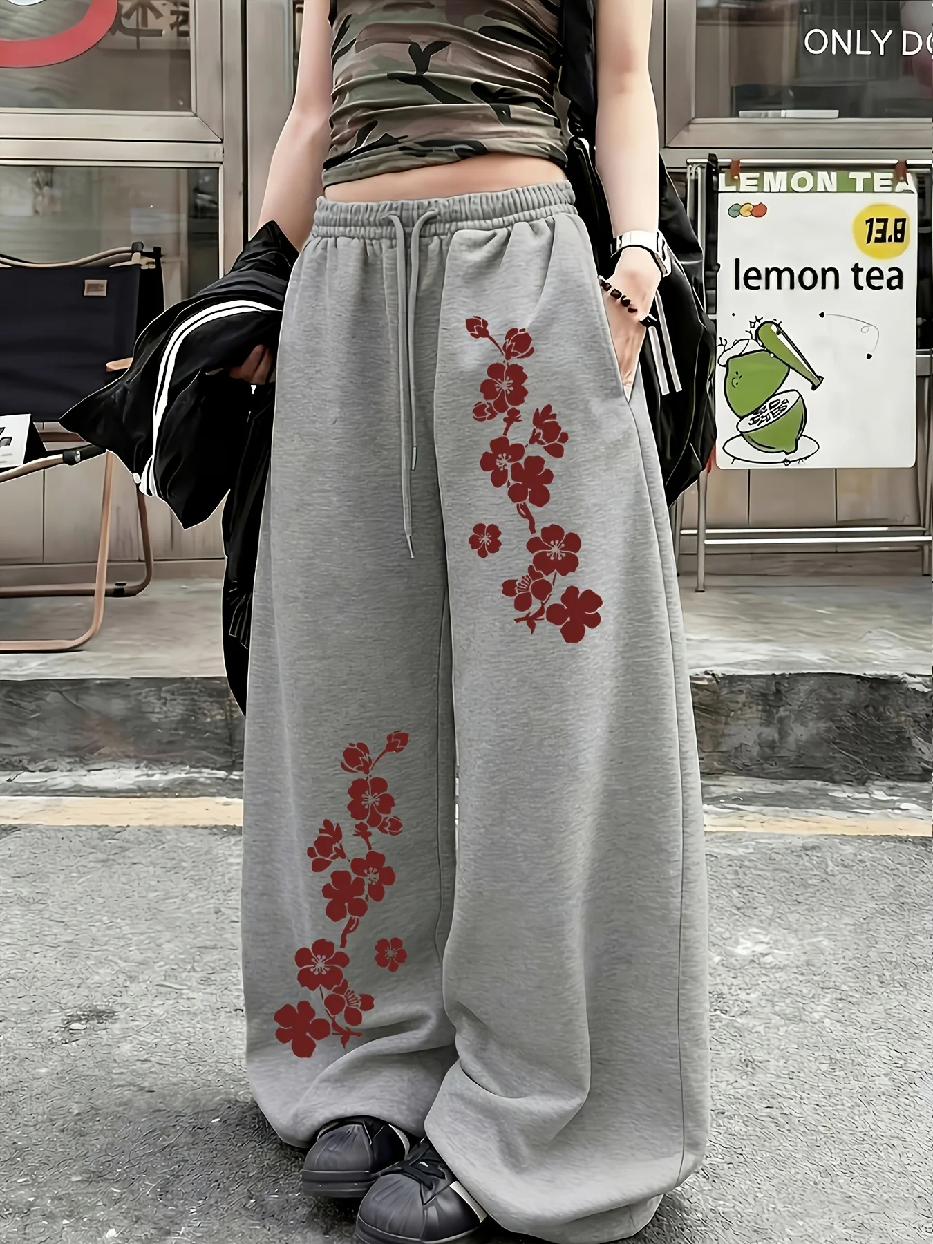 Men Women Straight‑Leg Long Pants,3D Cherry Blossom Flower Pattern Print Quick Dry Trousers Elastic Unisex Street Pants