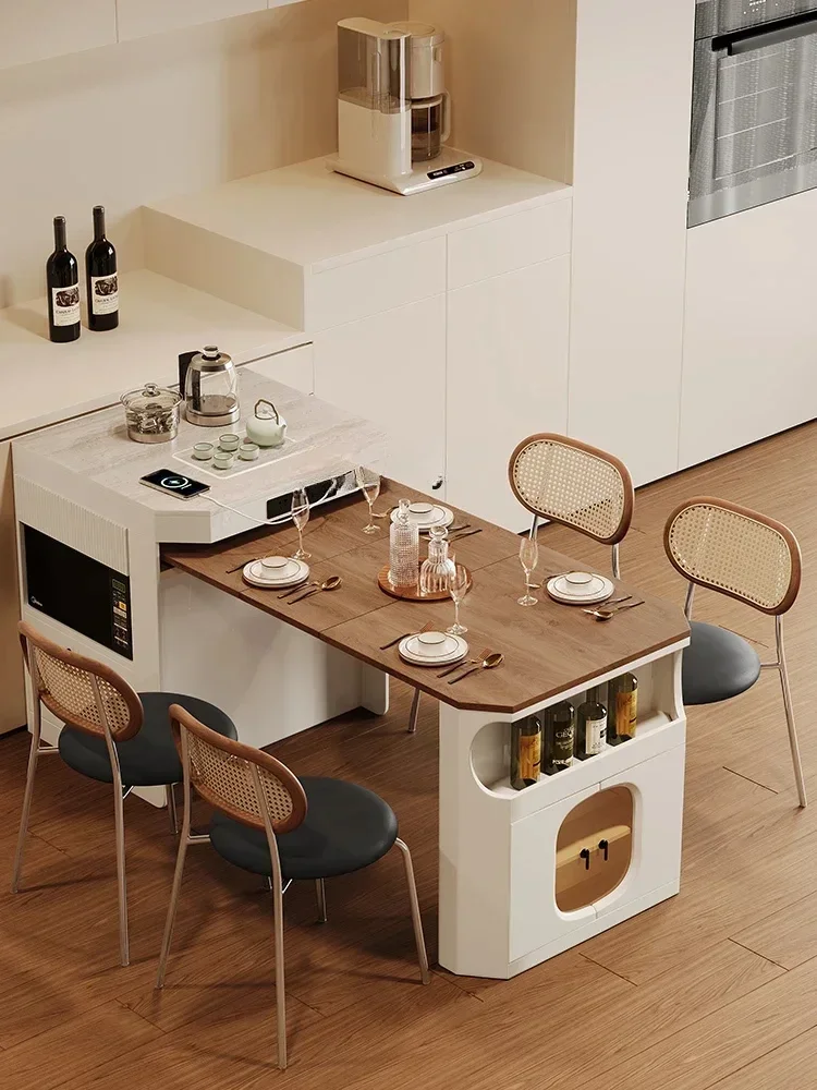 French Retro Retractable Folding Integrated Kitchen Island Dining Table Multi-Functional Mid-Ancient Cream Style Dining Table
