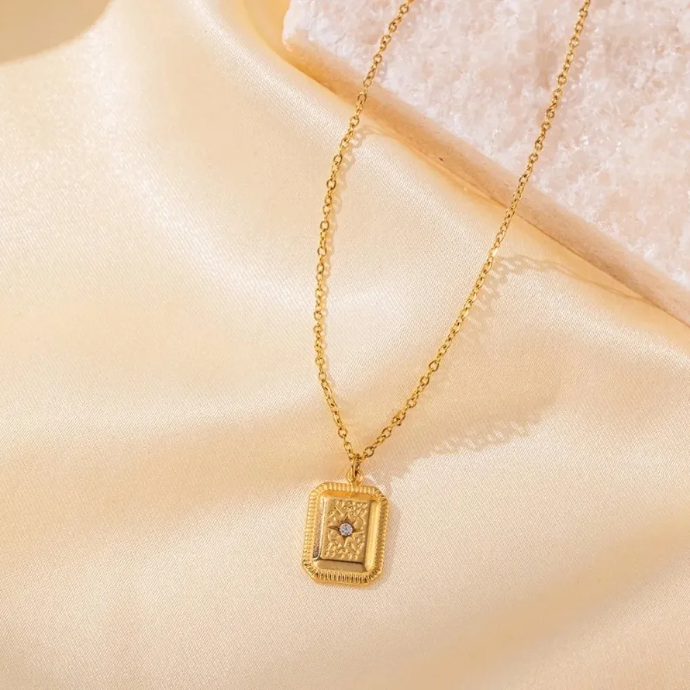 Trendy Charm Gold Color Stainless Steel Single Zircon Octagonal Square Pendant Necklace Earring Set for Woman Jewelry Accessory
