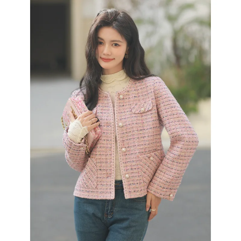

Women's tweed jacket 2025 new pink autumn and winter small fragrance woven short top