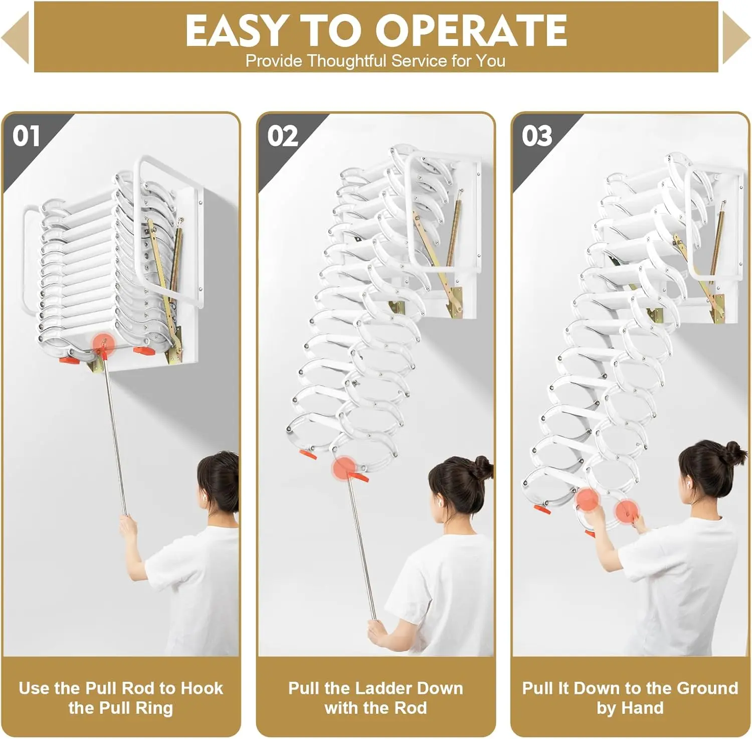 سلم عطري مثبت على الحائط 12 خطوة سلالم علية، نظام سحب سلم علوي قابل للطي، سلم سلم قابل للسحب بطول 9.5-10.17 قدم، #4